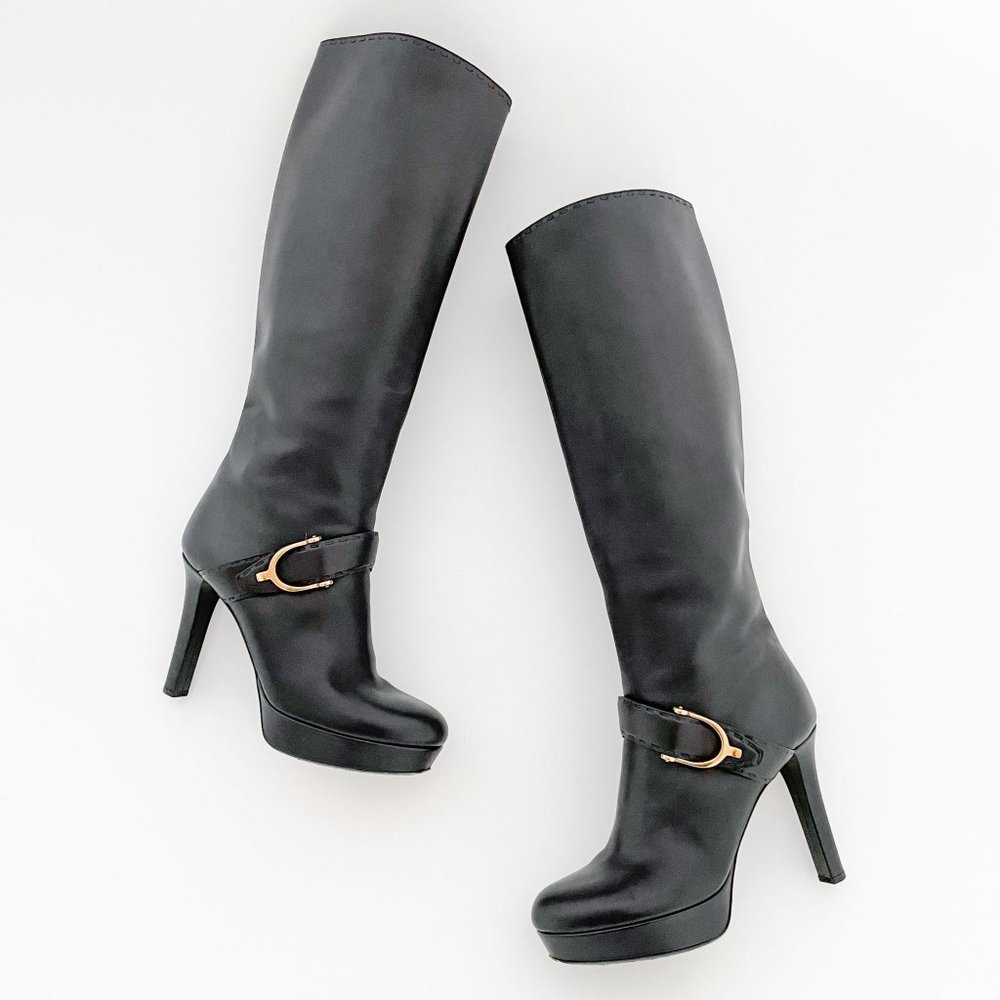Gucci Knee High Platform Boots Black EU 39 US 9 High Heel Leather Tall Horsebit